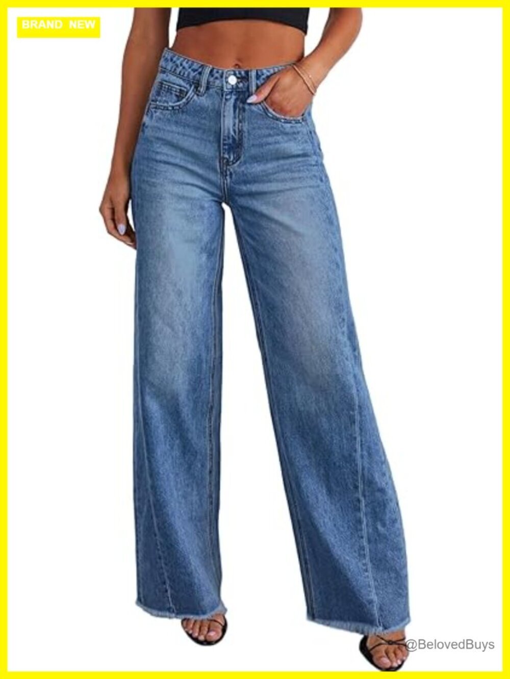 Women's Wide Leg Jeans High Waisted Stretchy Raw Hem Denim Pants